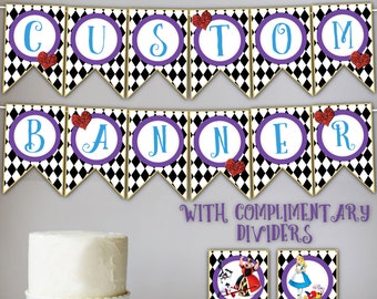 Alice in Wonderland Banner/Birthday/Baby Shower/Onederland/Custom Banner/Alice/Queen of Hearts/White Rabbit/Personalized Banner 020