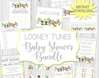 Pacote Looney Tunes Chá de bebê cinza/Convite editável/Placas de mesa/Jogos/Sorteio de fraldas/Toppers de cupcake/Cartão de agradecimento DOWNLOAD INSTANTÂNEO 019