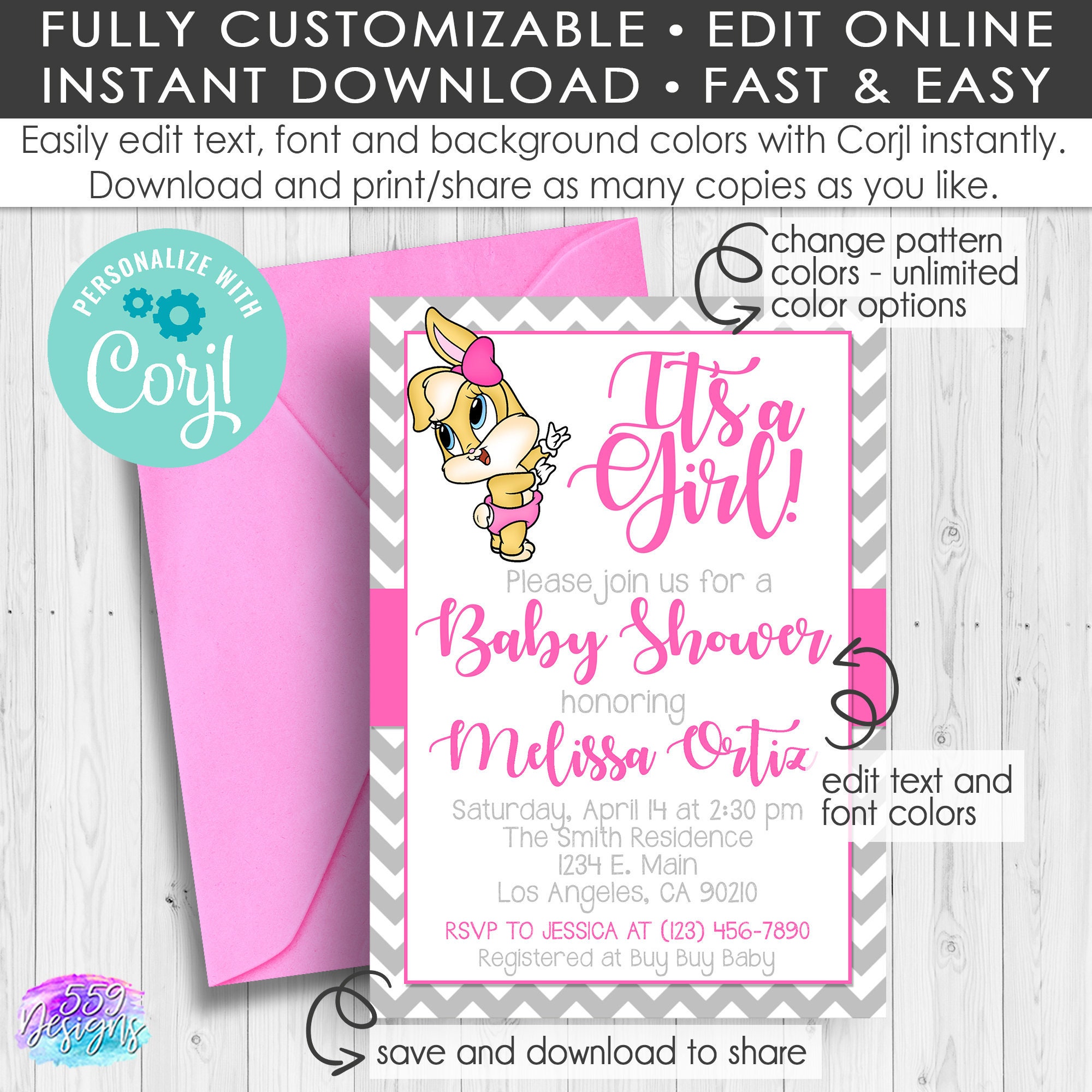 Its A Girl Looney Tunes Baby Shower Invitation Edit With Etsy