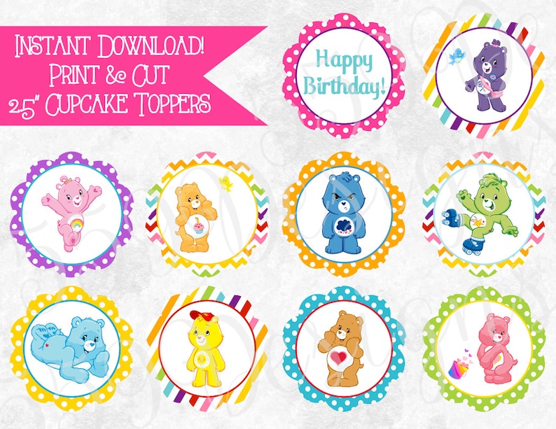 Printable Care Bear Cupcake Toppers Download Print Care Bear Etsy