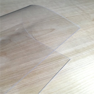 May include: Two clear plastic sheets, one on top of the other, are lying on a light wood surface.