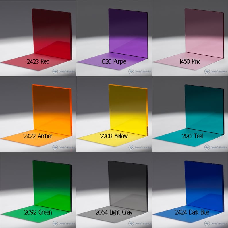 Puede incluir: Nueve muestras de color de l&aacute;minas de pl&aacute;stico acr&iacute;lico. Los colores son rojo, morado, rosa, &aacute;mbar, amarillo, verde azulado, verde, gris claro y azul oscuro.