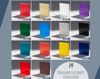 May include: A chart showing 14 translucent colors of acrylic plastic. The colors are: pink, ivory, white, violet, green, light blue, white, black, teal, orange, yellow, blue, red, and brown.