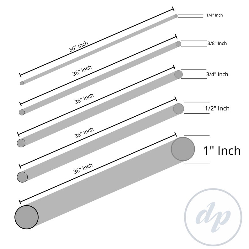 May include: Diagram showing different sizes of dowel rods, ranging from 1/4 inch to 1 inch in diameter. Each rod is 36 inches long. The diagram includes text labels for each size.