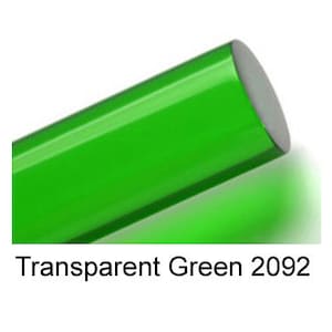 May include: A close-up of a bright green, transparent, round rod. The rod is smooth and shiny. The text "Transparent Green 2092" is printed below the rod.