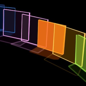 May include: A series of colorful, translucent rectangles arranged in a curved line, with the colors transitioning from blue to green.