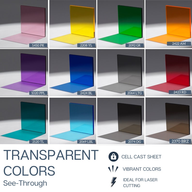 Puede incluir: Una colecci&oacute;n de 12 l&aacute;minas de acr&iacute;lico transparentes en varios colores, incluyendo rosa, amarillo, verde, morado, azul, gris, rojo, azul verdoso, azul claro, marr&oacute;n y negro. Las l&aacute;minas est&aacute;n dispuestas en una cuadr&iacute;cula y etiquetadas con sus c&oacute;digos de color correspondientes.