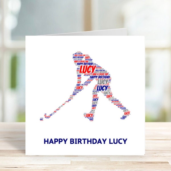 Personalisierte Hockeyspieler-Geburtstagskarte, Feldhockey-Karte, personalisierte Wortkunst-Karte, personalisierte Geburtstagskarte