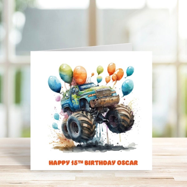 Personalised Blue Monster Truck Birthday Card for Son, Grandson, Brother, Nephew, Godson, Monster Truck Birthday Card