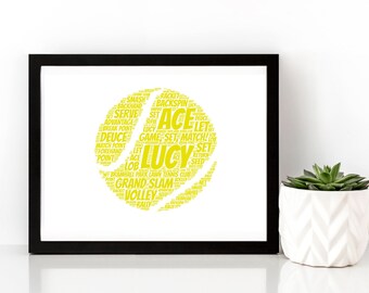 Personalised Tennis Ball Print, Personalised Tennis Print,  Word Art Print, Unframed Print, Personalised Print