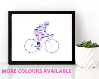 Personalised Female Cyclist Print, Personalised Cycling Print,  Word Art Print, Unframed Print, Personalised Print, Cyclist Print