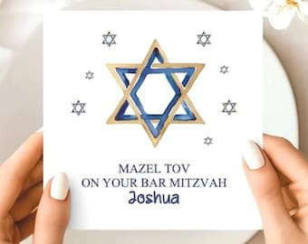 Personalised Mazel Tov Card, Handmade Watercolour Bar Mitzvah Card, Star of David Jewish Celebration Card card for son, grandson, nephew