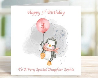 Personalised Penguin Birthday Card, Child age Card, New Baby Card