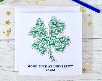 Personalised Good Luck at University Card, Personalised Good Luck at College Card, Good Luck Card, Special Card, Four Leaf Clover Card