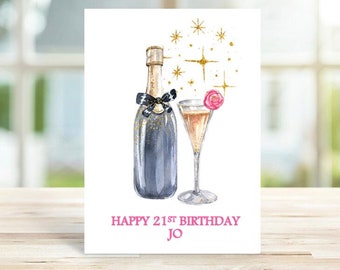 Personalised Champagne Birthday Card , Watercolour Birthday Card, Personalised Birthday Card