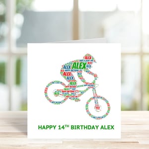 Personalised Mountain Biker Birthday Card, Downhill Mountain Bike Card, Personalised Word Art Card, Special Card, Personalised Birthday Card