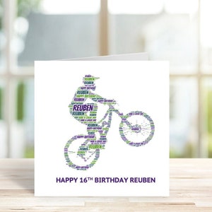Personalised Mountain Biker Birthday Card, Mountain Bike Card, Personalised Word Art Card, Special Card, Personalised Birthday Card