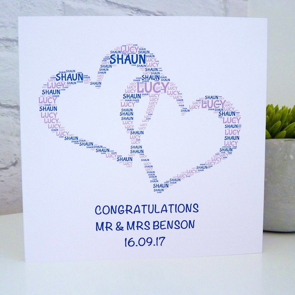 Personalised Entwined Hearts Wedding Card, Wedding Card, Love Hearts Card, Congratulations on your Wedding Card, Word Art Card