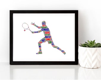 Personalised Male Tennis Player Print, Personalised Tennis Print,  Word Art Print, Unframed Print, Personalised Tennis Player Print