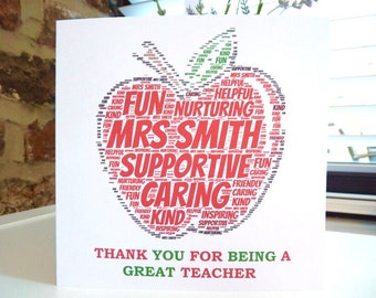 Personalised Teacher Card, Personalised Apple for the Teacher Card, Personalised Thank You Teacher Card, Teacher Card