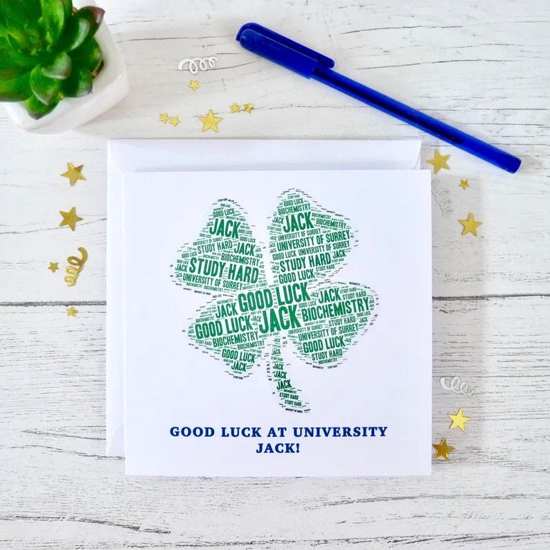 Personalised Good Luck at University Card, Personalised Good Luck at College Card, Good Luck Card, Special Card, Four Leaf Clover Card image 1