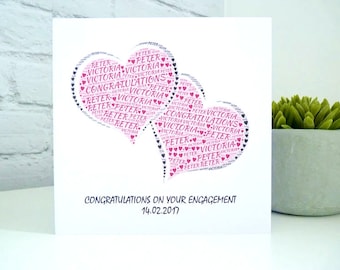 Personalised Engagement Card, Personalised Wedding Card, Personalised Anniversary Card, Hearts Card, Word Art Card