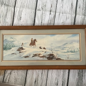 Ruth Mayer pintura de acuarela original escena de vaquero en la nieve 1977
