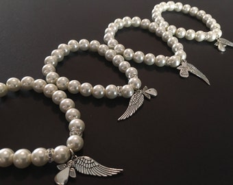 15 Pulsera de ala de ángel color blanco batismo favorece el cristal de 10 mm perla.