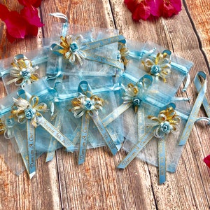 FREE SHIPPING 12 decorated blue organza  bags, baptism.