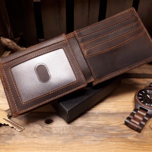 Cartera de cuero, Cartera de cuero de vaca personalizada, Cartera de cuero personalizada, Cartera de hombre grabada, Regalo para novio, RFID, Cartera marrón