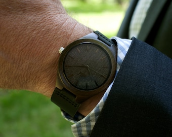 Ebony Wood Watch, Genuine Leather Strap, Personalized Engraving