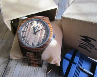 Zebrawood Sandalwood Mens Watch, Engraved Custom Timepiece, Citizen Miyota Movement