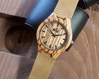 Zebrawood Watch, Genuine Leather Strap, Engraved Wooden Watch