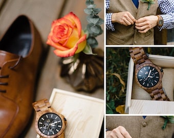 Personalized Groomsmen Wood Watch Set, Engraved Wooden Box