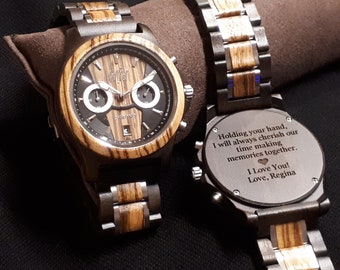 Engraved Wooden Watch for Men, Sandalwood Zebrawood, 5th Anniversary Gift