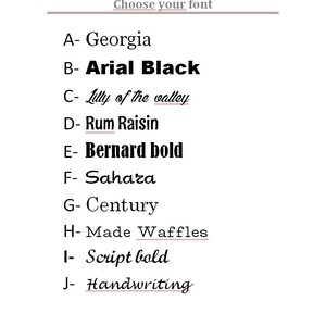Puede incluir: Una lista de diferentes fuentes, incluyendo Georgia, Arial Black, Lilly of the valley, Rum Raisin, Bernard bold, Sahara, Century, Made Waffles, Script bold y Handwriting.