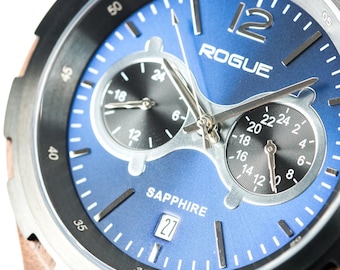 Men's Walnut Wood Watch, Stainless Steel Blue Dial, Sapphire Crystal, Dual Time Zone