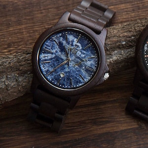 Personalized Wooden Watches, Wenge wood watch, Blue Marble watch, Black wood watch, Groomsmen Gift, wooden watch, Father&#39;s day, Graduation