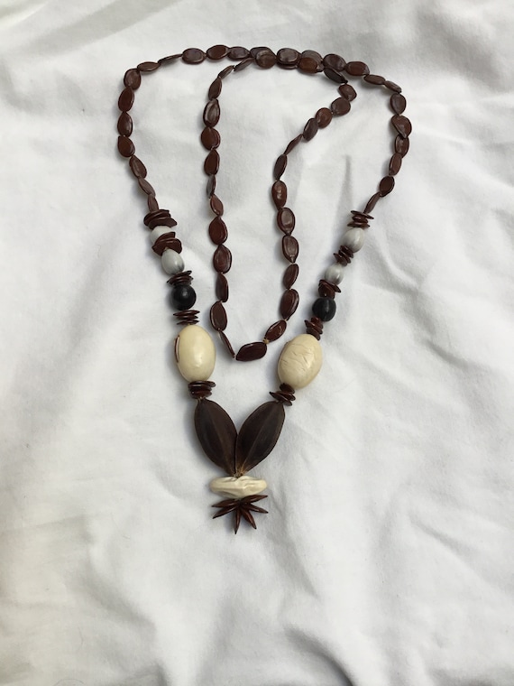 Vintage  long pip and nut necklace brown, black, … - image 1