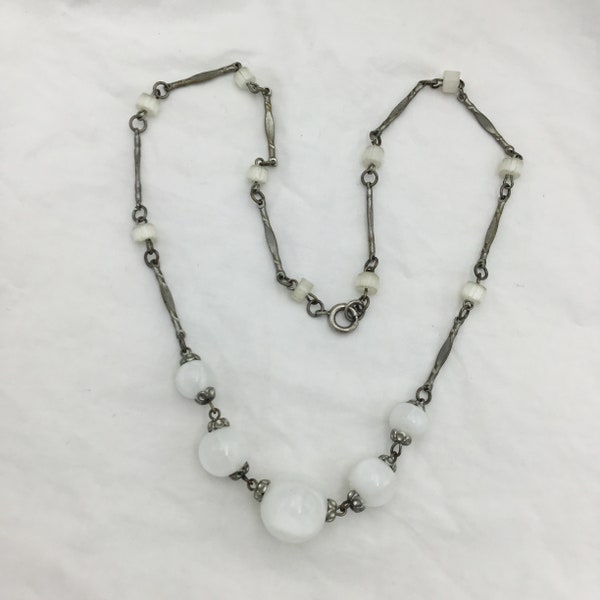 Antique signed Czech Art Deco white satin glass beads, silver tone ornate bar chain short necklace. 1920s to 1930s. Length 40.7cm or 16inch