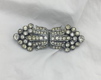 Vintage early Sphinx signed 1940s to 1950s clear white rhinestone duette double dress clips silver tone brooch size 5.5cm x 2.2cm widest