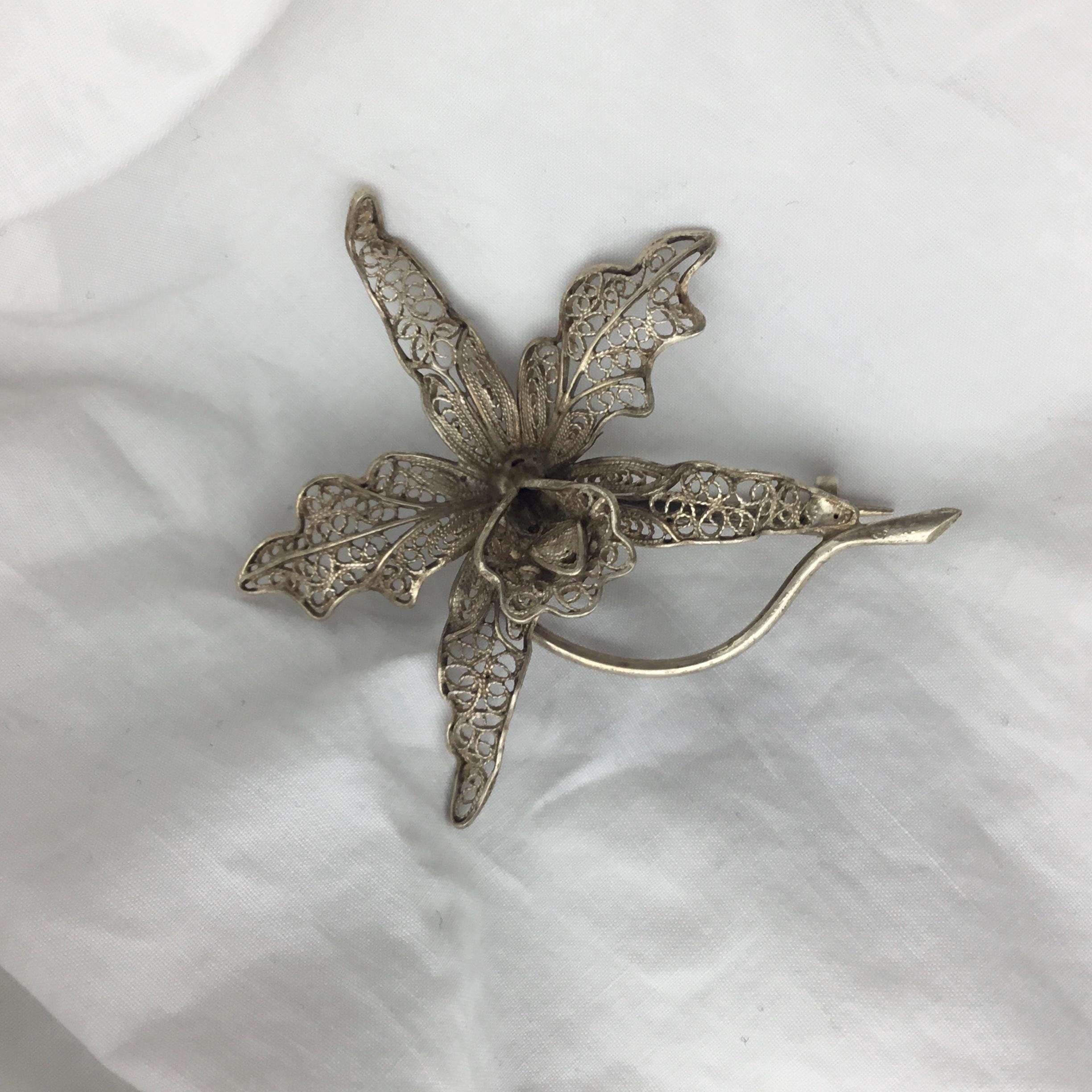 Vintage 800 Silver Filigree Orchid Flower Brooch Intricate Design