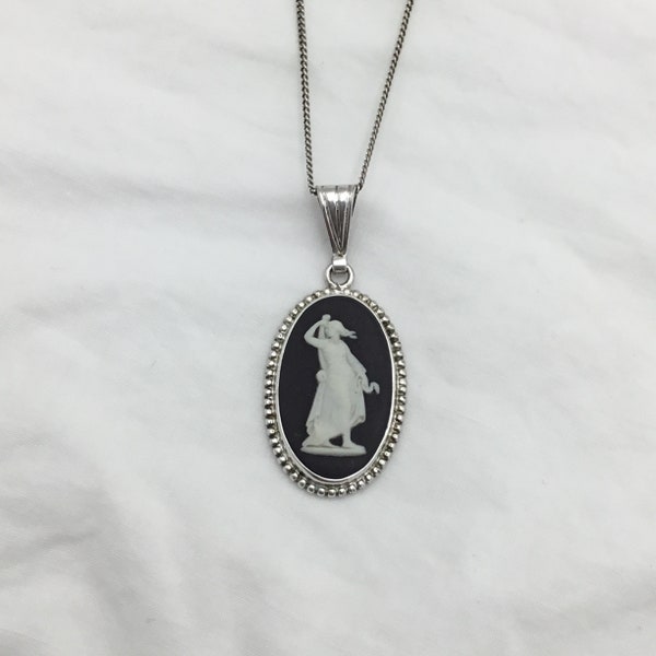 Vintage Wedgwood black & white Sterling silver Jasper ware cameo lady mythology figure small oval pendant on silver chain 18 in 46.5cm 1972