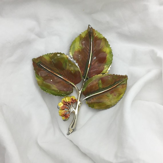 Vintage large signed Exquisite brooch 1950s to 1960s enamel elm tree leaf brooch 7.2cm x 6.3cm. Green yellow and brown on silver tone metal