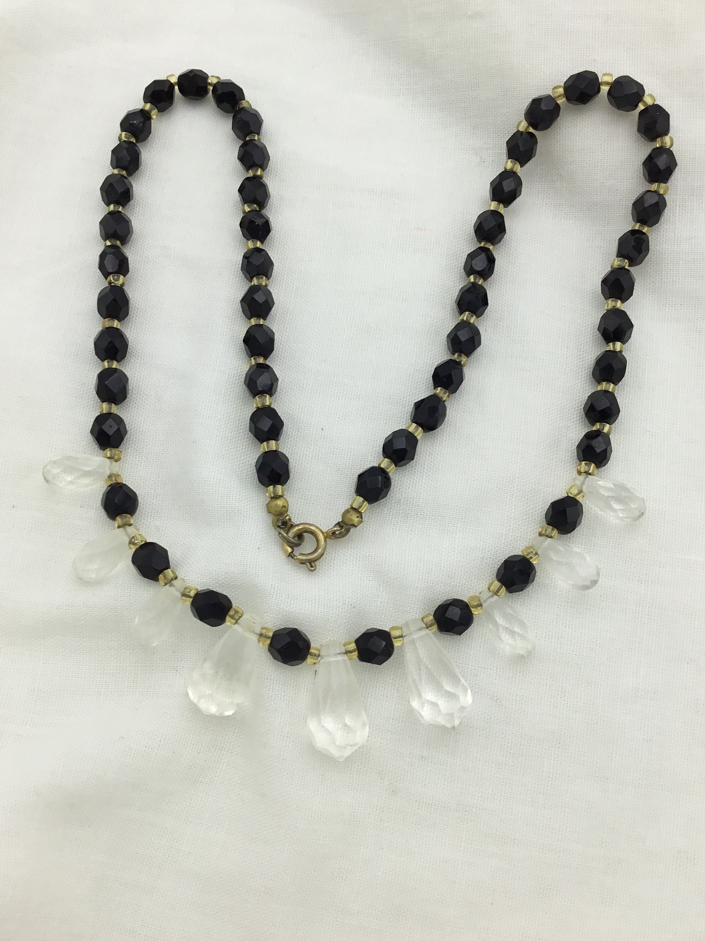 Vintage Black Glass Crystal & Clear White Plastic Drop Bead