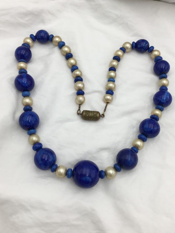 Vintage possibly Louis Rousselet 1930s Art Deco blue lapis big glass bead white costume pearl fancy brass flower screw clasp chain necklace