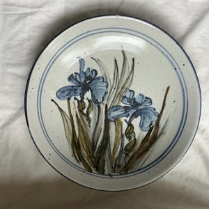Vintage hand painted Iris design studio pottery ceramic fruit bowl, large 12 inch