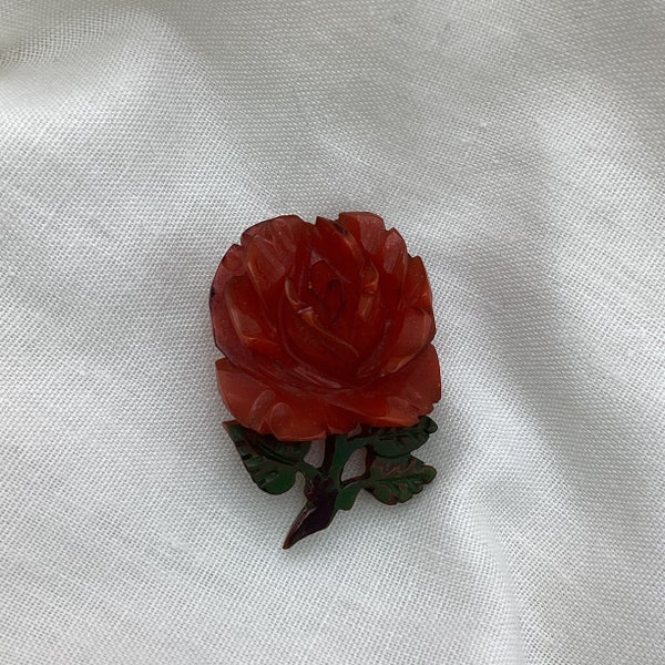Antique small Art Deco orange brown colour bakelite 3D carved rose flower & green painted leaves small brooch 1920s 1930s Size 3.8cm x 2.6cm