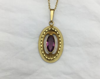 Vintage Andreas Daub signed gold plated purple amethyst glass crystal modernist 1960s pendant later chain 20 in 50.5cm necklace. Signed A*D