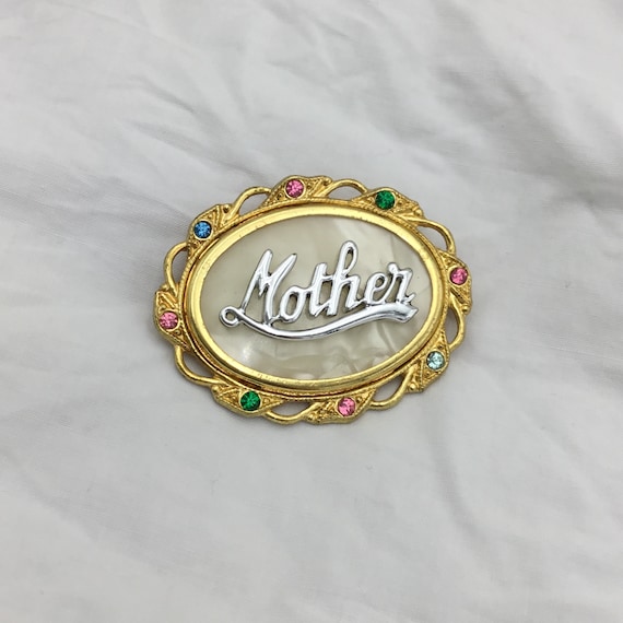 Broche Vintage Ovale Filigranée - Or Ton, Strass Bleu, Rose, Vert - Plastique - Occasion